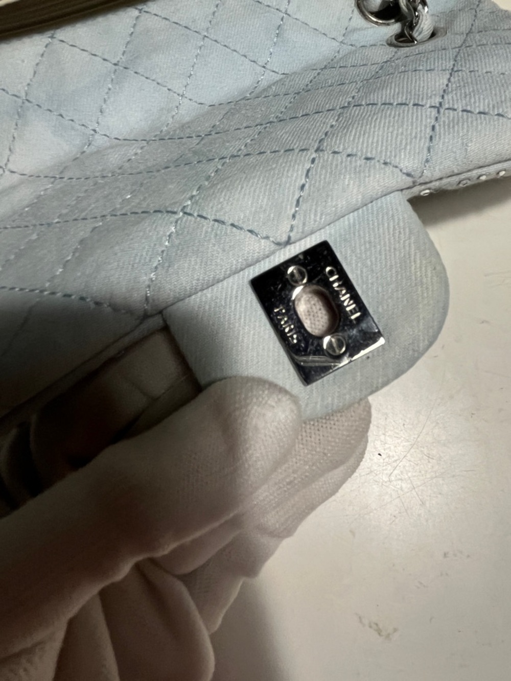 CHANEL Light Blue Quilted Crystal-Studded Shoulder Bag - Picture 12 of 16